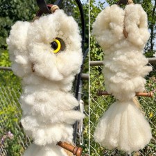 Vintage 1970s OWL ART Macrame Handmade Wall Hanging Vintage Snowy Fluffy 23.5  