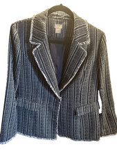 Chico's Blazer Blue White Tweed Fringe Trim Jeweled Button Office Sz 1 Medium