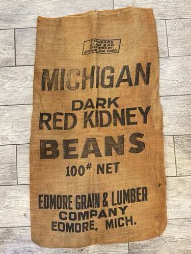 VTG Burlap Sack Decor Farm Country Rustic Michigan Dark Red Kidney Beans Edmore