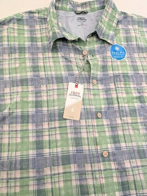 IZOD Saltwater Shirt Men's 2XL Green Plaid Short Sleeve Button up Preppy Beach 