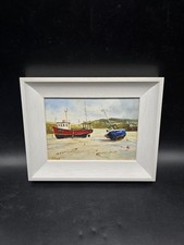 St Ives Boat Scene Harbour Cornwall Oil Canvas Painting Signed C Holmes 23x18 Cm