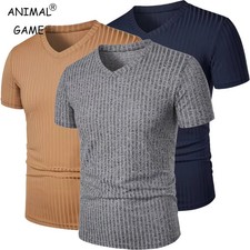 Men's Summer V-Neck Muscle T-Shirts Short Sleeve Bodybuilding Workout Gift Gym