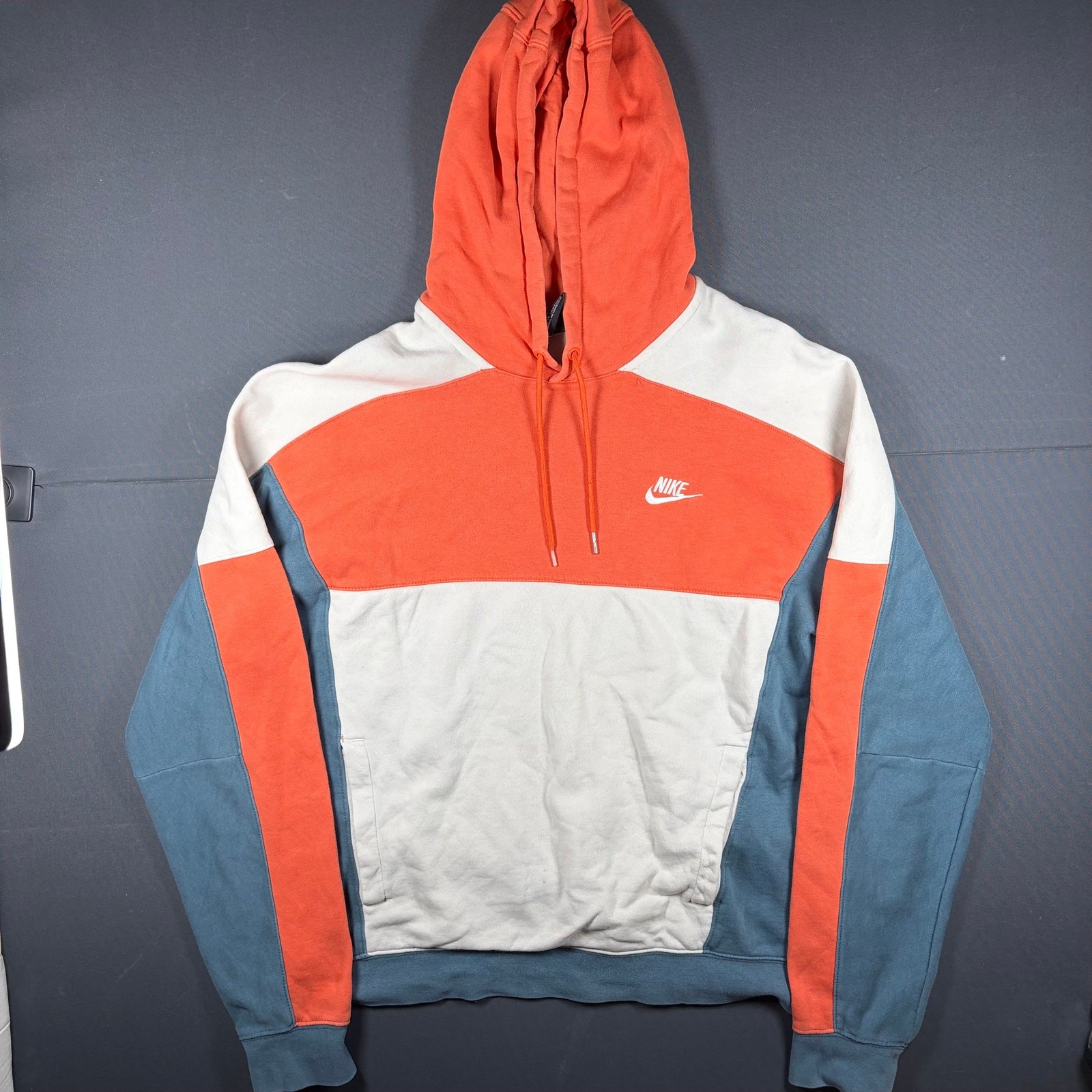 Nike Colorblock Hoodie Men's M Orange White Blue Embroidered Swoosh Pullover