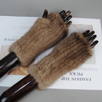 Women Winter Real Mink Fur Fingerless Gloves Genuine Warm Knitted Mittens