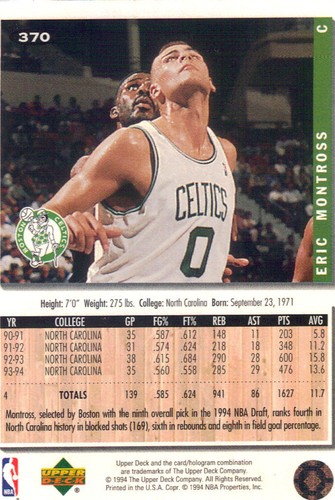 1994-1995 Upper Deck Collector's Choice Card Eric Montross #370 Rookie Celtics - Picture 2 of 2