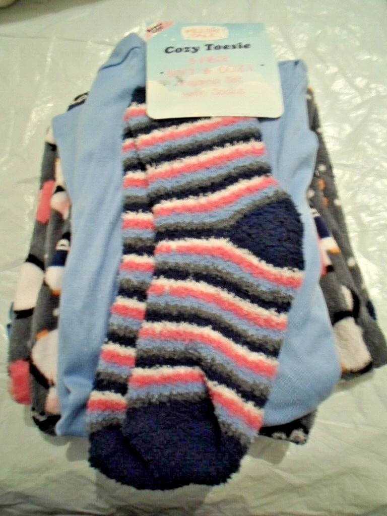 PILLOW TALK BLUE GRAY PENGUIN FLEECE PAJAMA PJS SOCKS SET L NWT