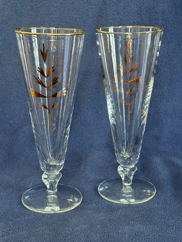Vintage MCM 1950's Libbey Jardin Pilsner Beer Glasses Gold Detail Hard To Find!