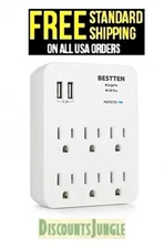 BESTTEN Wall-Mount Power Outlet 6 AC Socket Surge Protector with 2 USB Charging 