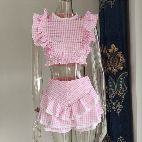 Set Elastic Waistband Cropped Top Ruffle Ruffle Mini Shorts Skirts - Bild 10 von 32