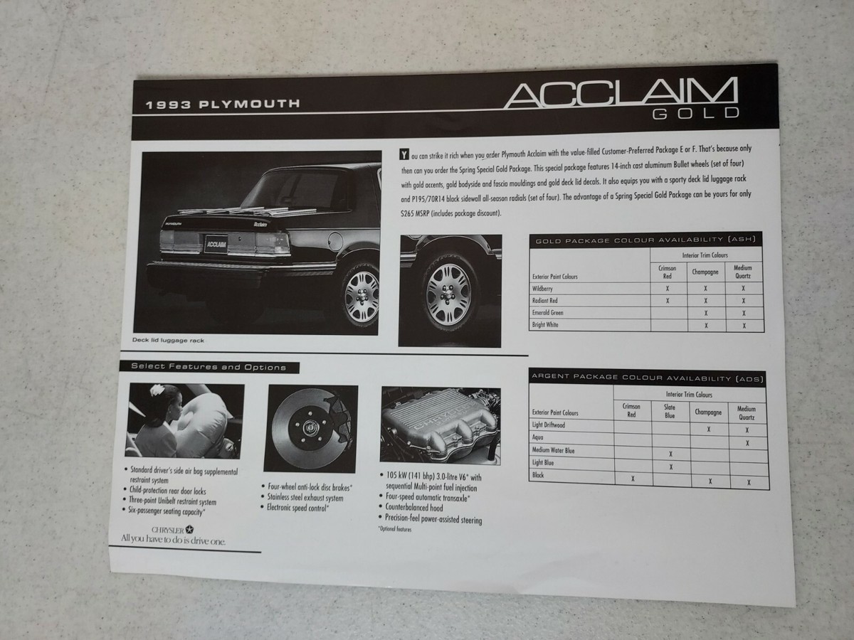 1993 Plymouth Acclaim Gold Sedan Dealer Brochure Flier 8.5