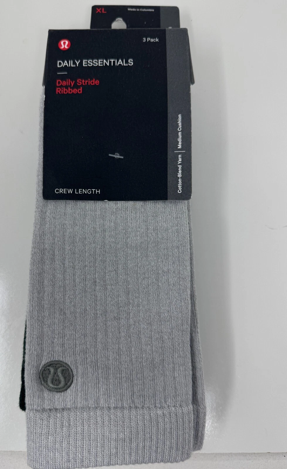 Lululemon Daily Stride Ribbed Crew Sock 3-Pack Gray Blue Green Mens XL 12.5-14