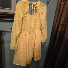 Swiss Dot Dobby Yellow Ruched Sun Dress Mini Lined Babydoll Long Sheer Sleeve XL
