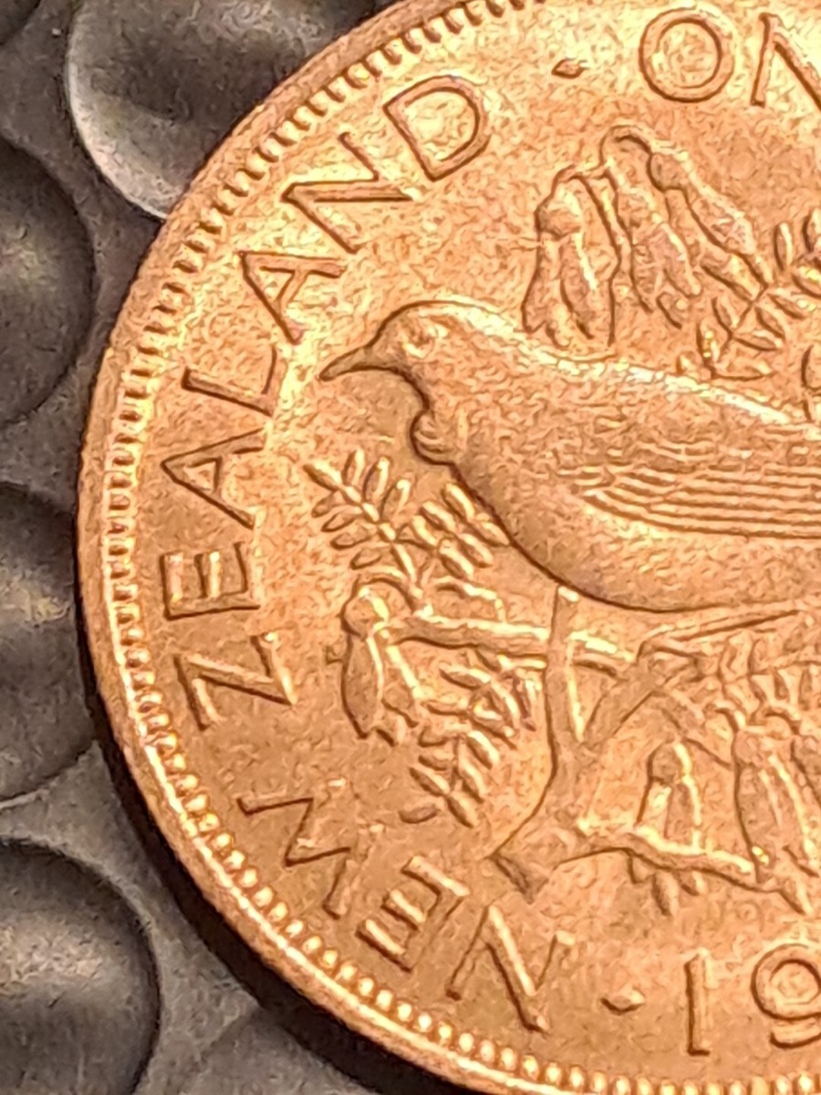 1958 New Zealand One Penny Queen Elizabeth II Tui Bird 9.6g 31mm