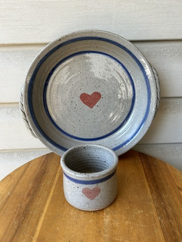 Vintage Heart Blue Stripe Country Stoneware Pottery Chip Dip Bowls 2