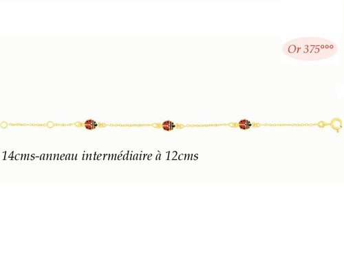 Bijoux Bébé Enfant Bracelet 3 Coccinelles Email Rouge 12 ou 14 cm Or Massif 9K - Picture 2 of 2