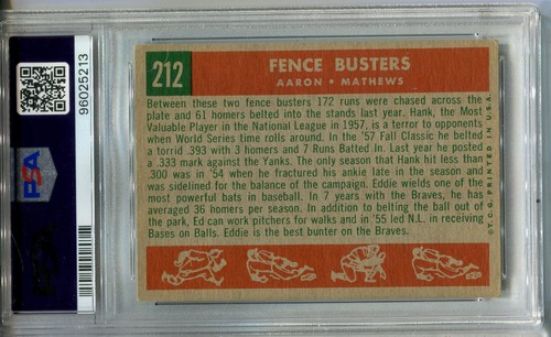 1959 Topps #212 Hank Aaron/Eddie Mathews PSA 4 VG-EX Fence Busters - Picture 2 of 2