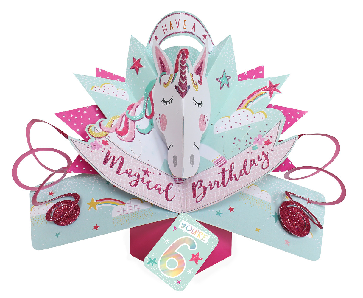 You're 6 Magical Unicorn 6th Birthday Pop Up Greeting Card 3D Pop-Up Cards