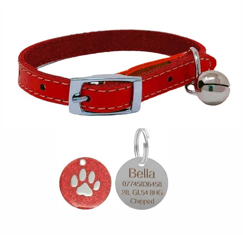 Leather Cat / Kitten Pet Collar, Safety Elastic, Bell & Engraved Paw Print Tag - Picture 6 of 11
