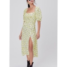 For Love & Lemons Chrysanthemum Midi Smocked Dress Yellow Floral Size M