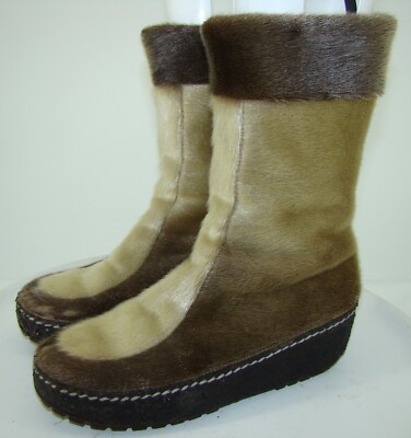 Luna Eskimod Womens Fur / Shearling Tan, Beige, Brown Winter Boots SZ 7.5  C117
