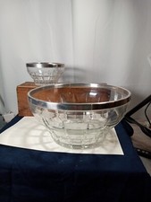 Vintage 2 Cut Glass 9” & 4.75"  Bowls with Silver Tone Rim Lining Signed “Italy”