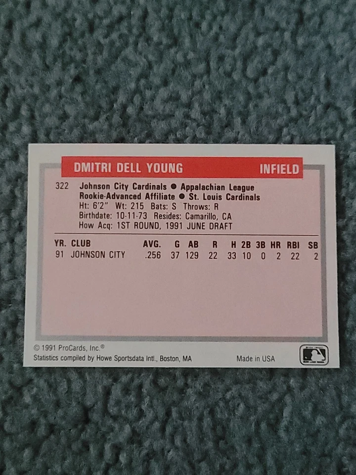 1991 Pro Cards Dmitri Young Minor League Card #322 - Image 4 of 4