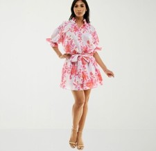 Premier Amour Womens Short Sleeve Floral Fit + Flare Dress Pink Orange 16 NWT