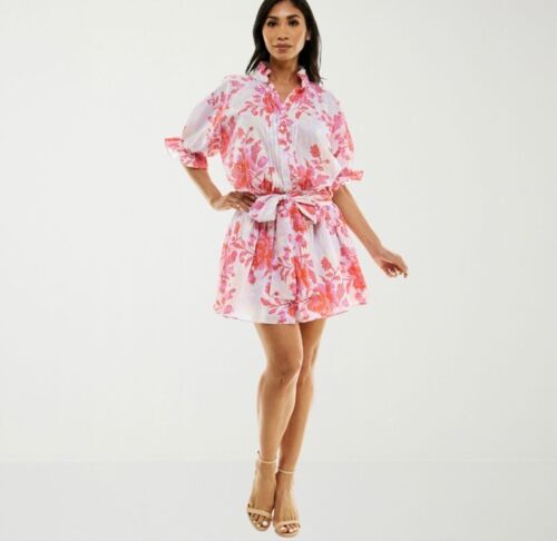 Premier Amour Womens Short Sleeve Floral Fit + Flare Dress Pink Orange 16 NWT