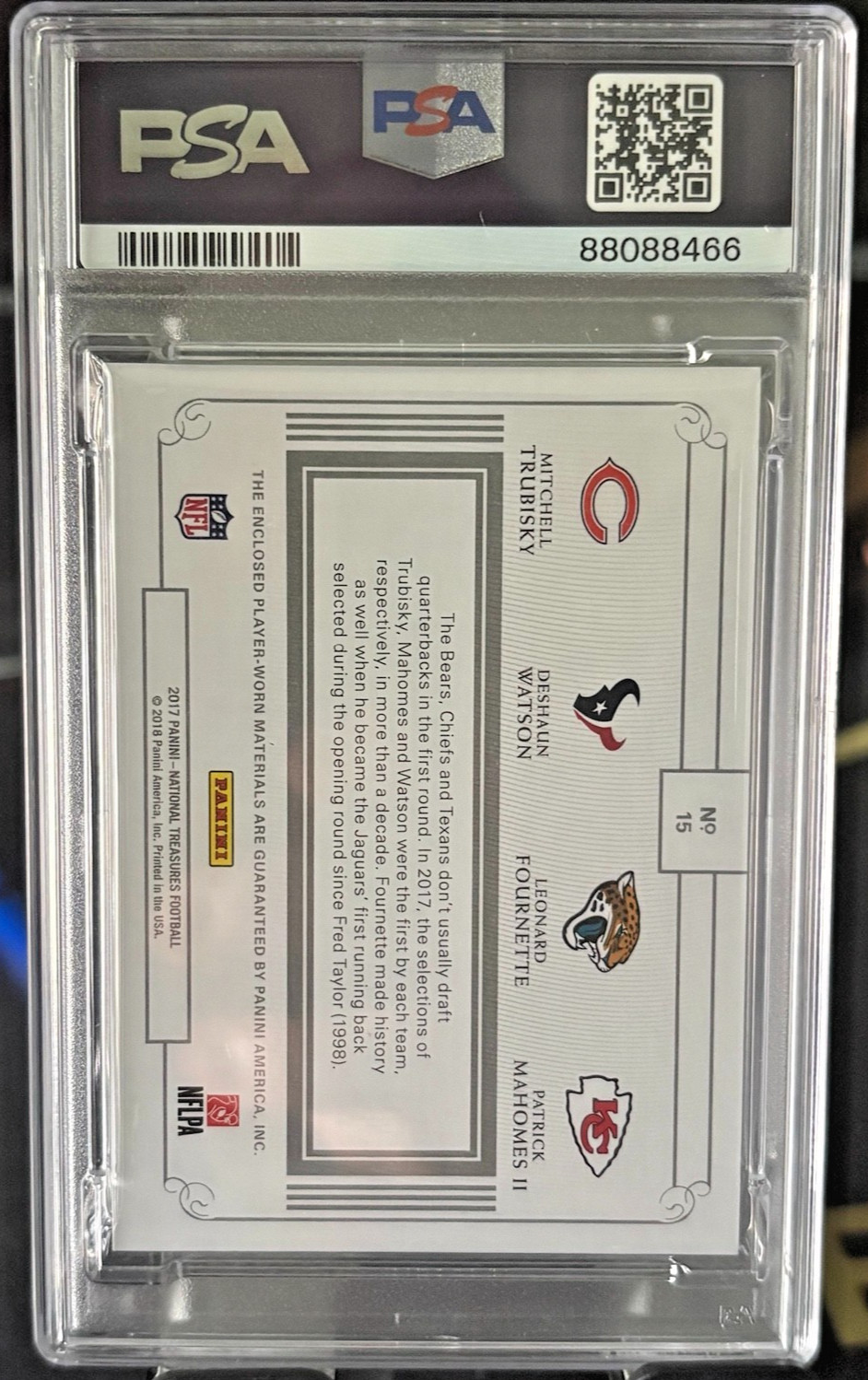 2017 National Treasures MAHOMES/WTSN/TRKY/FRNT Rookie NFL Gear Quad /25 PSA 9 view 2