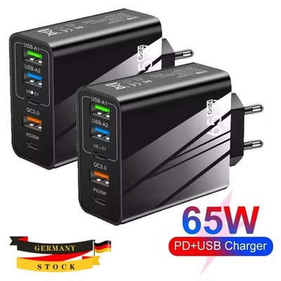 2Stück Schnellladegerät 65W Netzteil 2x USB-C +3x USB-A Charger Mehrfach Stecker