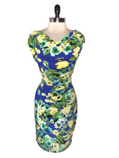 LAUREN RALPH LAUREN Size 8 Sheath Dress Green Blue Yellow Floral Cap Sleeve