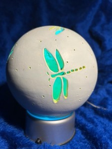 7” Tall, Hand Carved Ceramic Luminary w/ Light & rotating Base~ Pastel Dragonfly