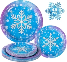 48 Pack Winter Snowflake Plates, Frozen Themed round Paper Plates Serve 24 Guest