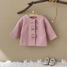 Baby's Bow Decorative Solid Color Jacket Girls' Knitted Warm Pink Jacket