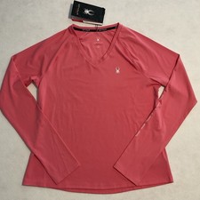 SPYDER Active Womens Medium Long Sleeve V Neck Top Thumb hole Slits Pink NWT