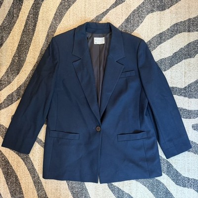 Vintage Pendleton Women s Plus Navy-Blue Single-Breasted Wool Blazer - Size 18