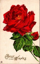 Vintage Best Wishes Embossed Red Rose Floral Postcard Made in USA 1910s