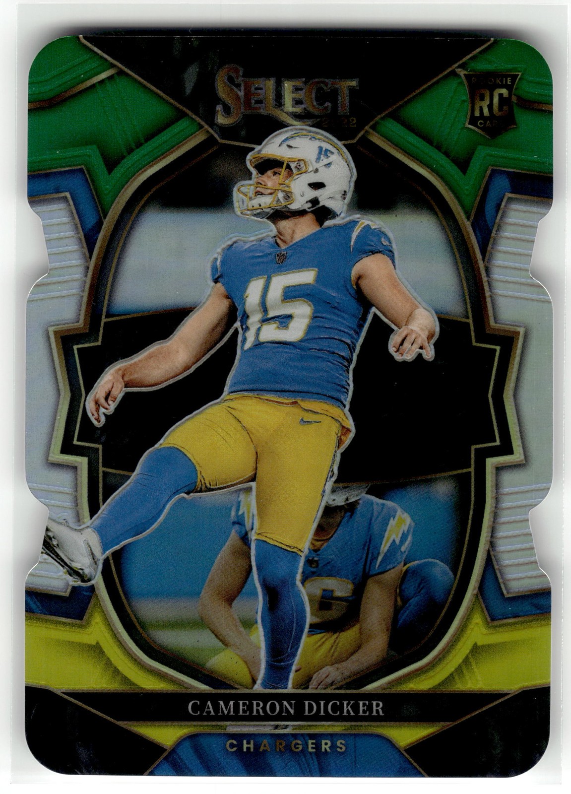 Cameron Dicker 2022 Panini Select #16 Rookie Chargers Green Yellow Die Cut RC