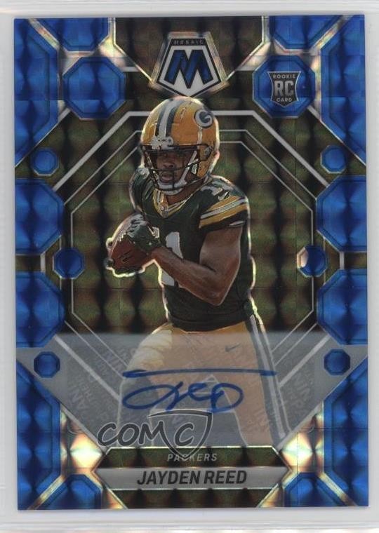 2023 Panini Mosaic Rookies Blue Prizm /99 Jayden Reed #333 Rookie Auto RC