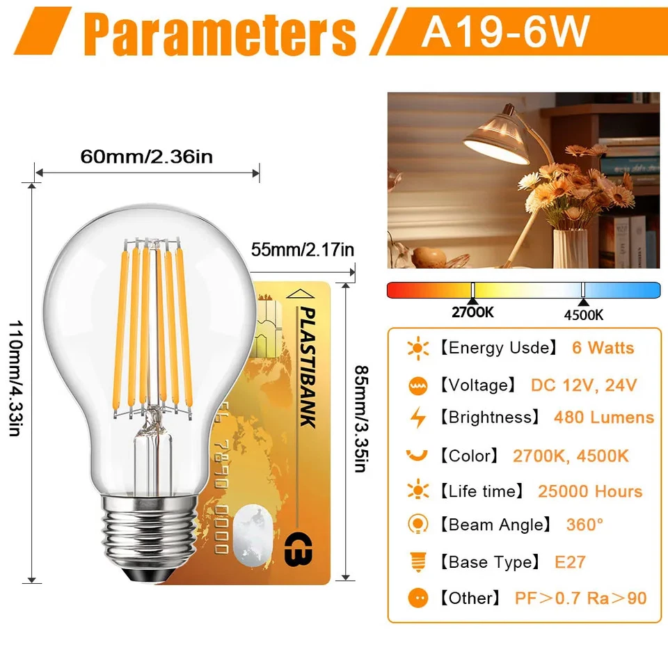 24V 12V Low Voltage LED Bulb Warm White 2700K 6W E27 A19 Light Bulbs Lighting - Image 2 of 4