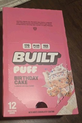 New Box 11 Built Puff Protein Bar Birthday Cake Sprinkles White Coating 
