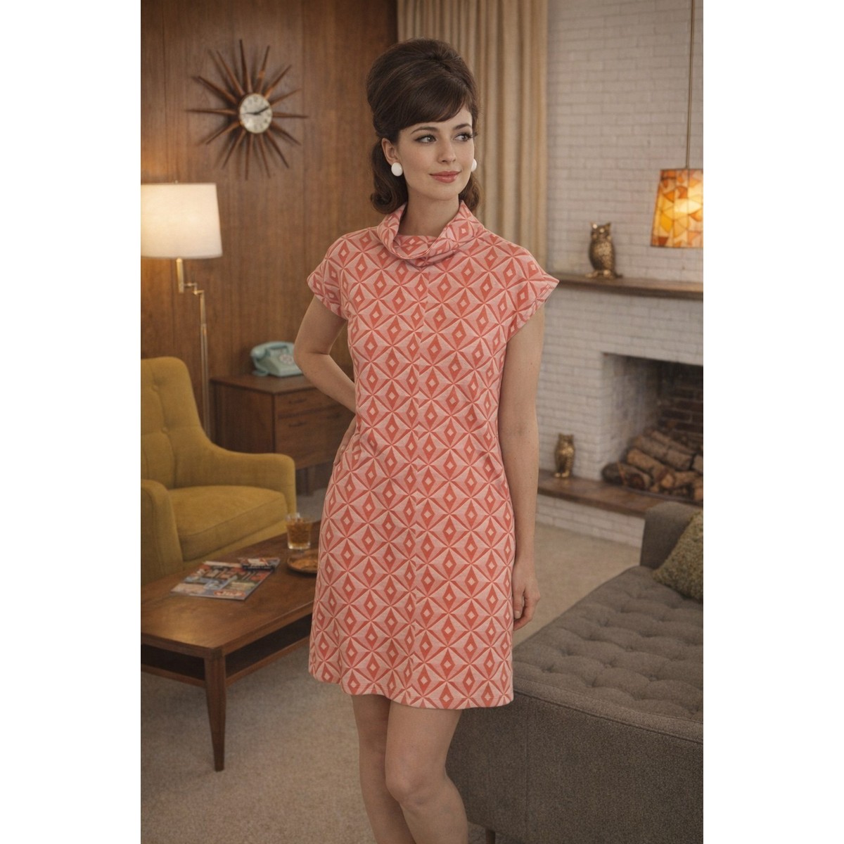Isle by Melis Kozan Pink Geometric Diamond Cowl Neck Shift Dress