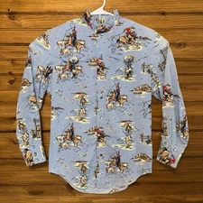 Vintage Western Pearl Snap Mens Small Rodeo Bolo Tie All Over Print Cowboy Blue