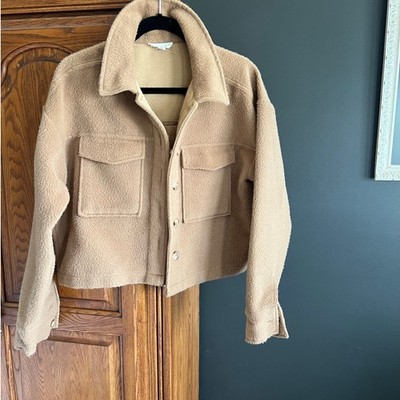 LA Hearts Cropped Sherpa Shacket Camel Tan Button Front Jacket Womens M/L