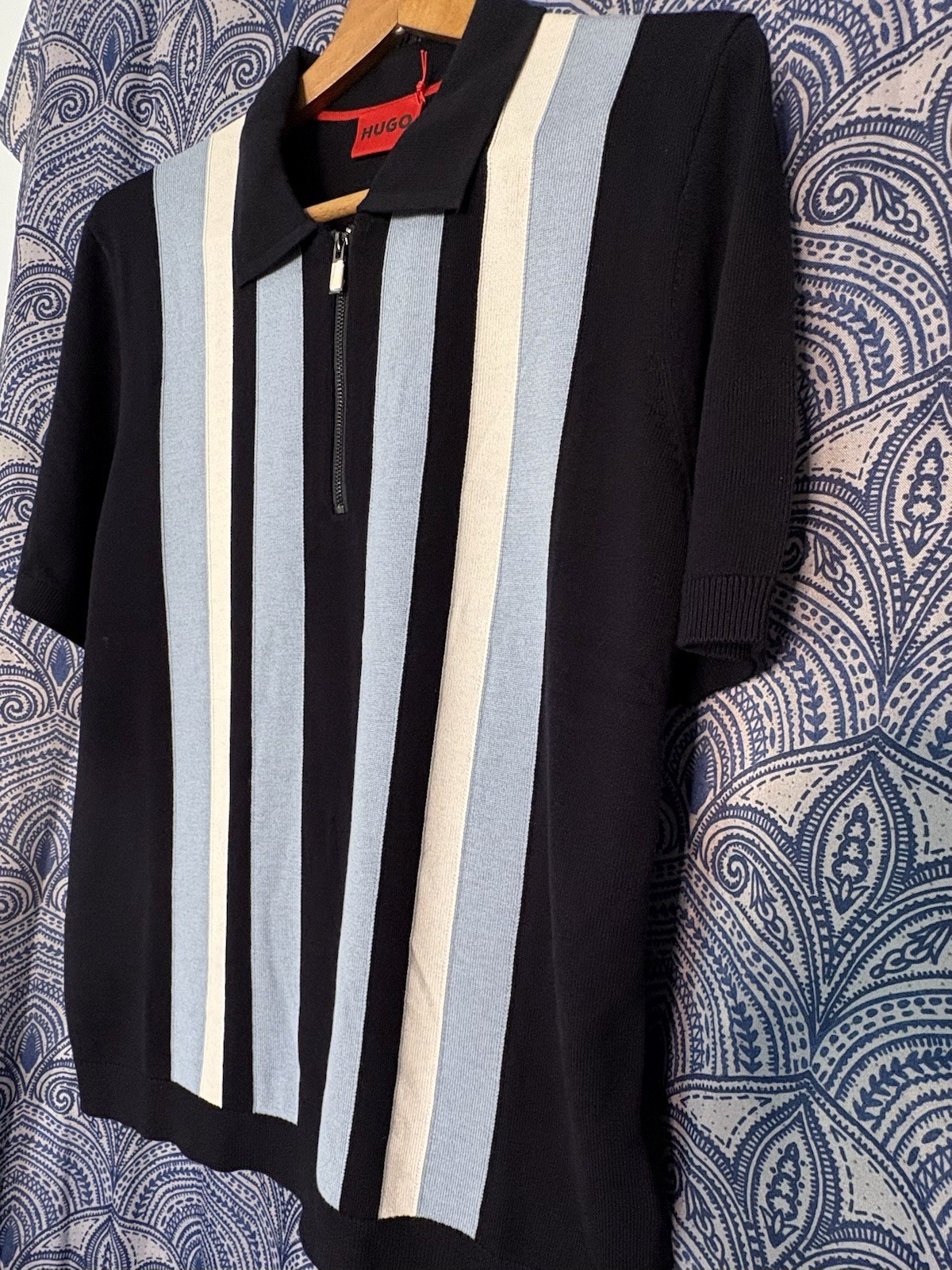 Men’s NWT HUGO BOSS 3/4 Zip Shrt Slv Collard Sweater- Navy w/Lt Blue &White- L thumbnail 3