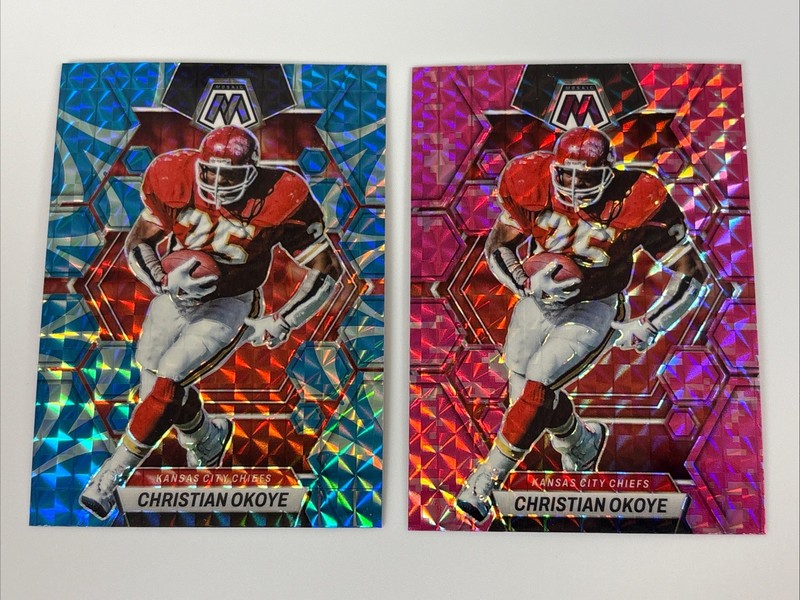 Christian Okoye 2023 Mosaic Blue Reactive Prizm & Camo Pink Prizm Cards