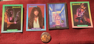 1991 MEGADETH MARTY FRIEDMAN 3 CARD, ED REPKA STICKER AND MEGADETH 1.25 IN. PIN