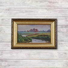 River landscape - Original Antique Framed Oil Painting Ukrainian Artist Signed