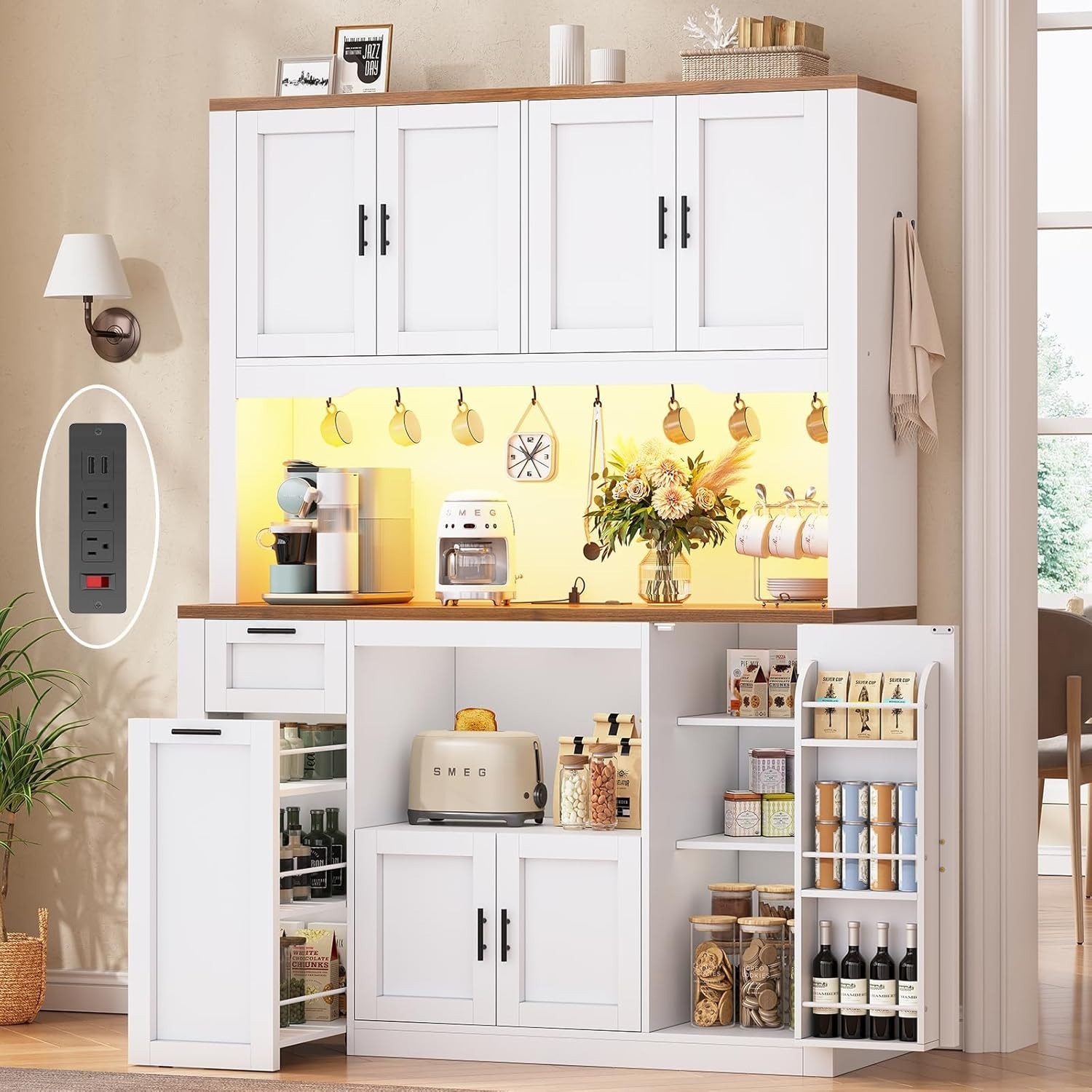 71" Kitchen Pantry Cabinet w/LED Light &Microwave Stand, Kitchen Storage Cabinet