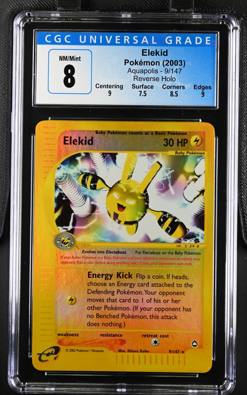 Pokemon card Elekid Aquapolis Reverse Holo Rare #9/147 CGC 8 NM/Mint